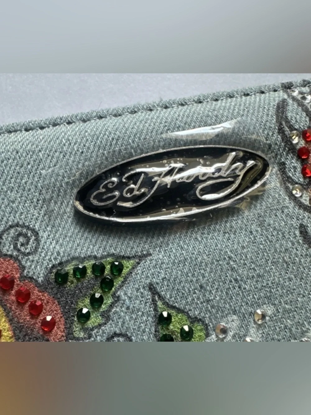 Ed Hardy Denim Wristlet Wallet with Red Rose and Heart Embellishment